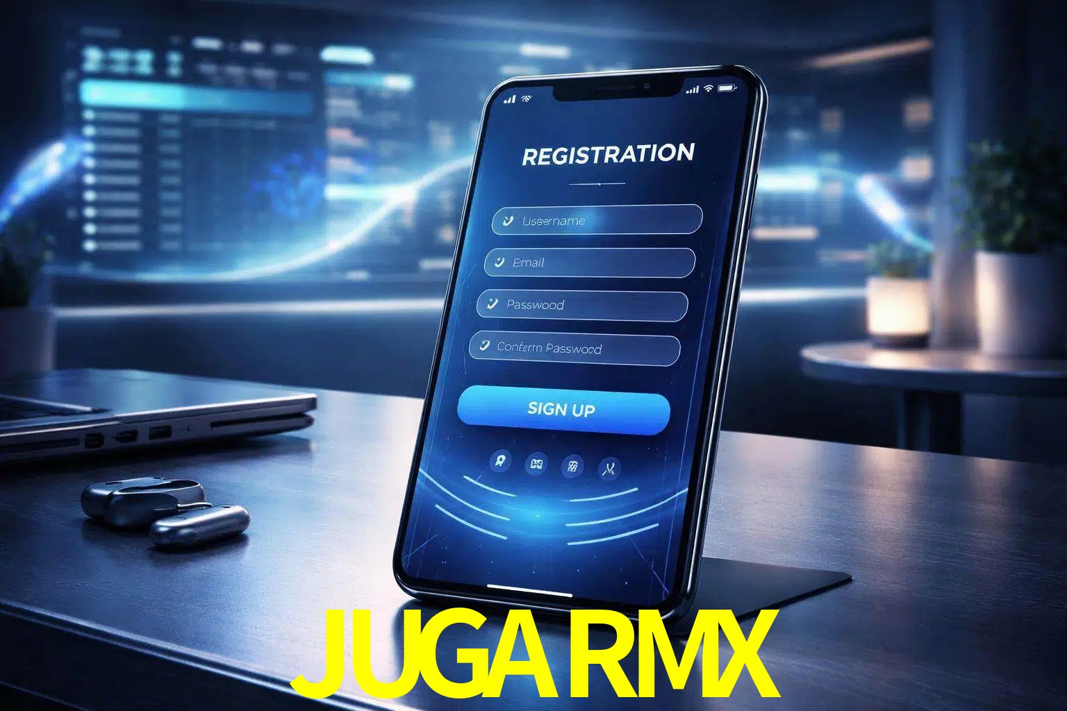 Una interfaz moderna de registro móvil para JUGARMX mostrada en un smartphone con un panel de apuestas elegante.